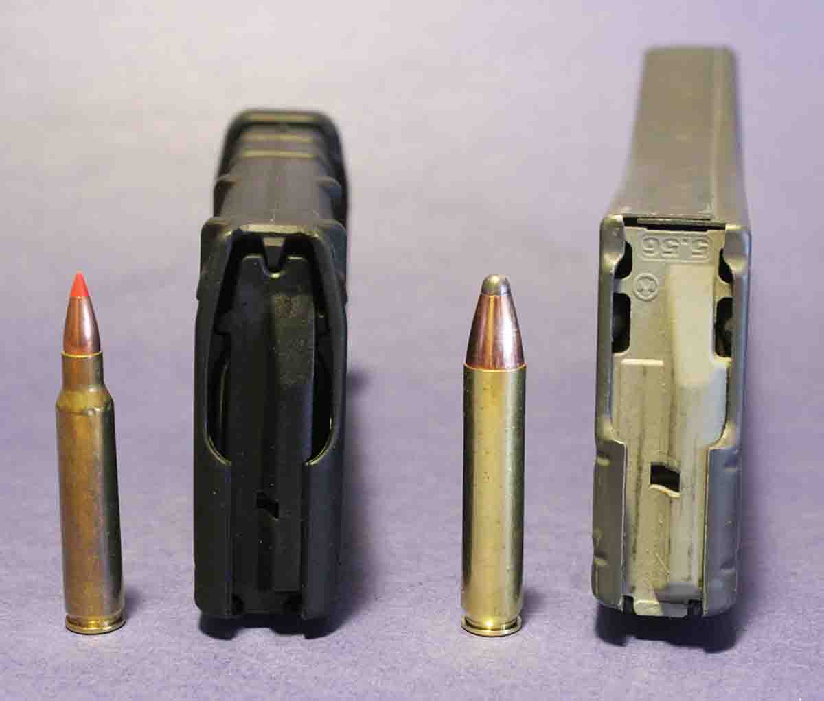 The .350 Legend (right) is a necked-up and slightly shortened .223 Remington (left). It will feed from many AR-15 magazines – but not all, including the magazine on the left, due to its narrow “slots” for .224-diameter bullets.